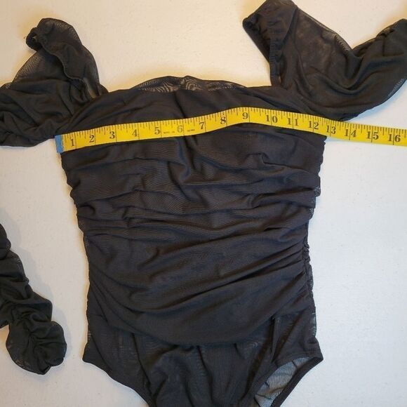 Thats so Fetch Long Sleeve Bodysuit Black Ruched Mesh Women's 4 - Picture 13 of 15